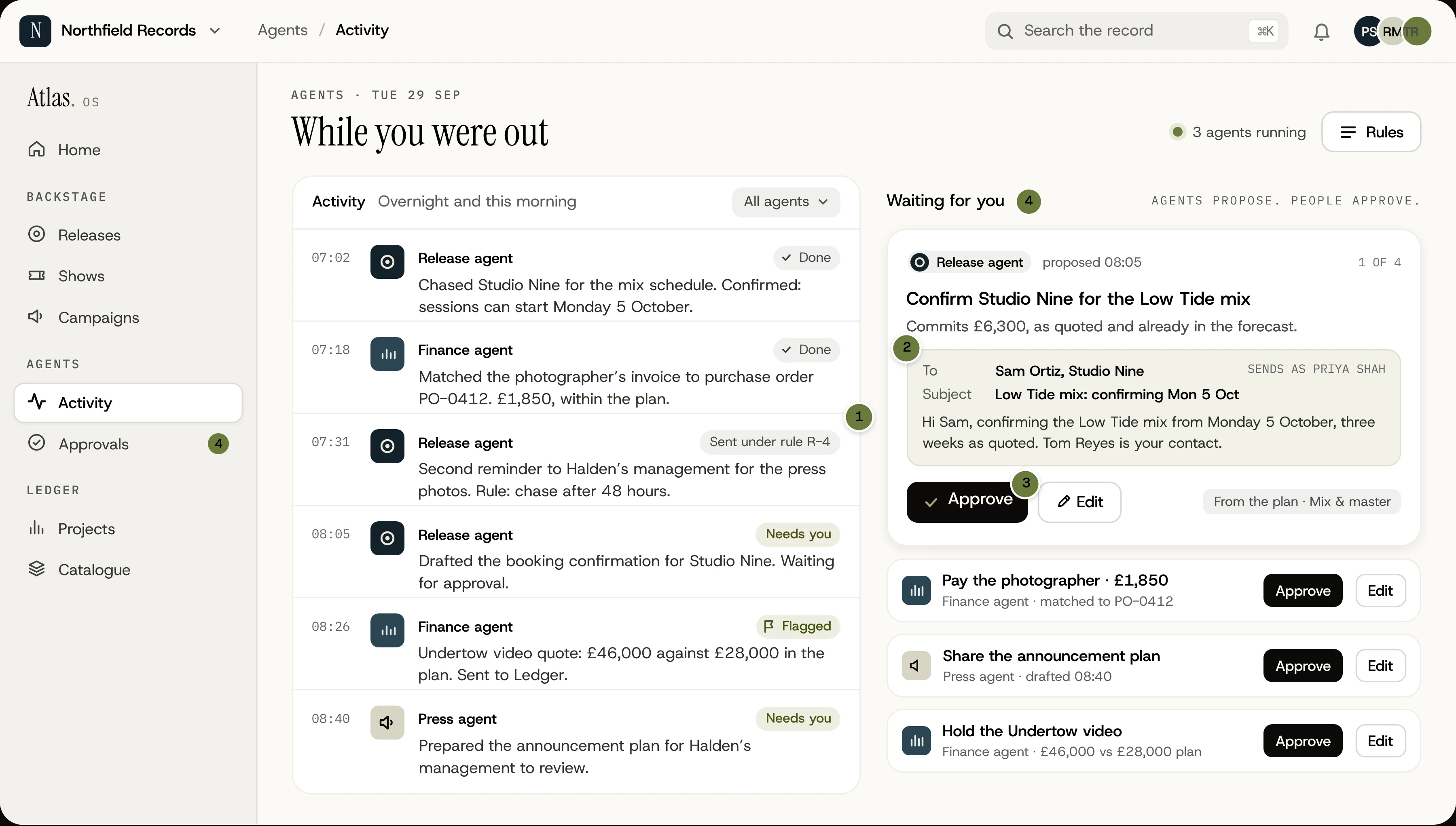 Atlas Agents showing the night’s activity, each action logged with the rule it ran under, and what is waiting for a person: a studio booking to confirm, a photographer’s invoice to pay, the announcement plan and a hold on the video.